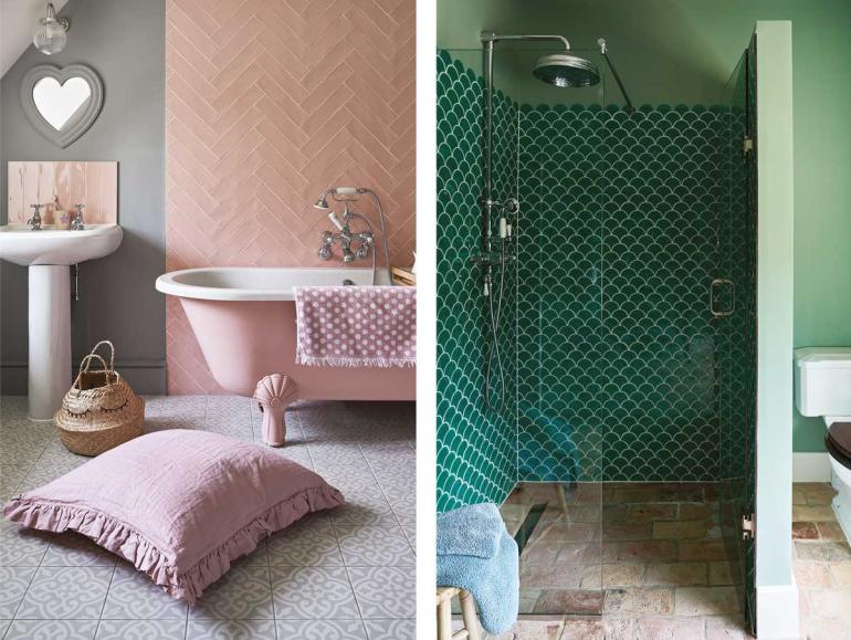 Herringbone tiled splashback in Carter Ceramic tiles in Rose and fully-tiled shower cubicle finished with bold Atlantic Porcelain Mosaic tiles in Emerald