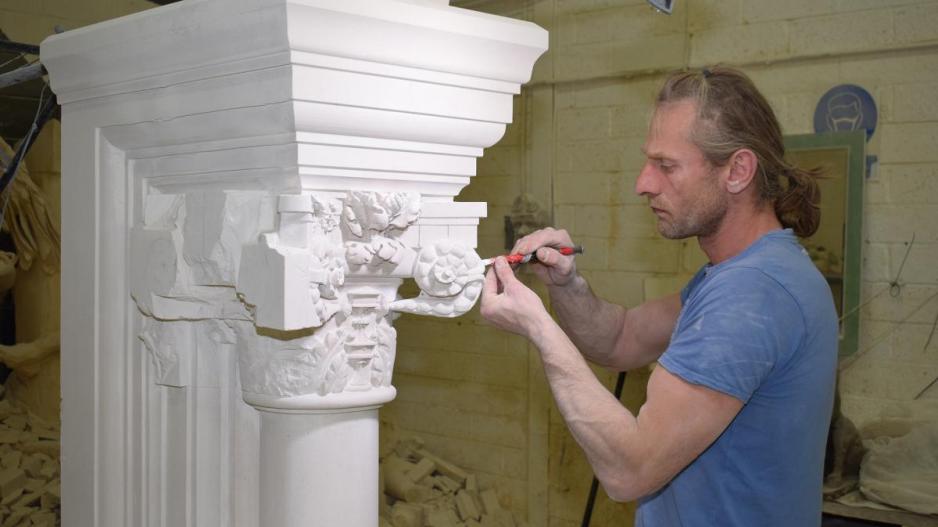 ‘Bart’, who works in the Meister Masonry banker shop, carves the jambs for the new fireplace. ‘Bart’, who works in the Meister Masonry banker shop, carves the jambs for the new fireplace.