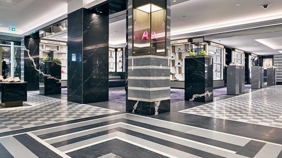 Bardiglio, Carrara and Nero Marquina marbles supplied and fitted at Harrods by stoneCIRCLE