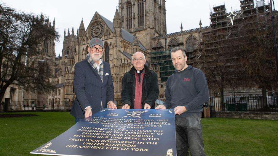 Mark Aiston, Aiston Fine Art and representing the St George’s Society of New York; The Very Revd Dominic Barrington; Richard Bossons – York Minster Stonemason