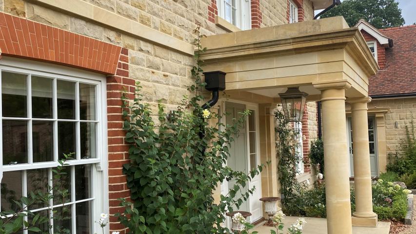 Private Residence - Near East Grinstead – Wealden Sussex Sandstone Coursed Split Face Walling &amp; Fine Grade Masonry - Portico, Doorway Surround, Cills, String Course &amp; Keystones